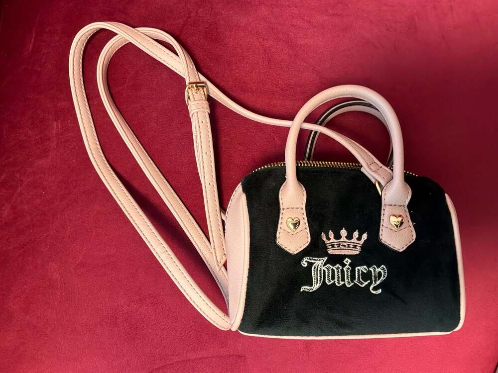 Juicy Couture Black Velour and Pink Mini Barrel Satchel Crossbody Bag